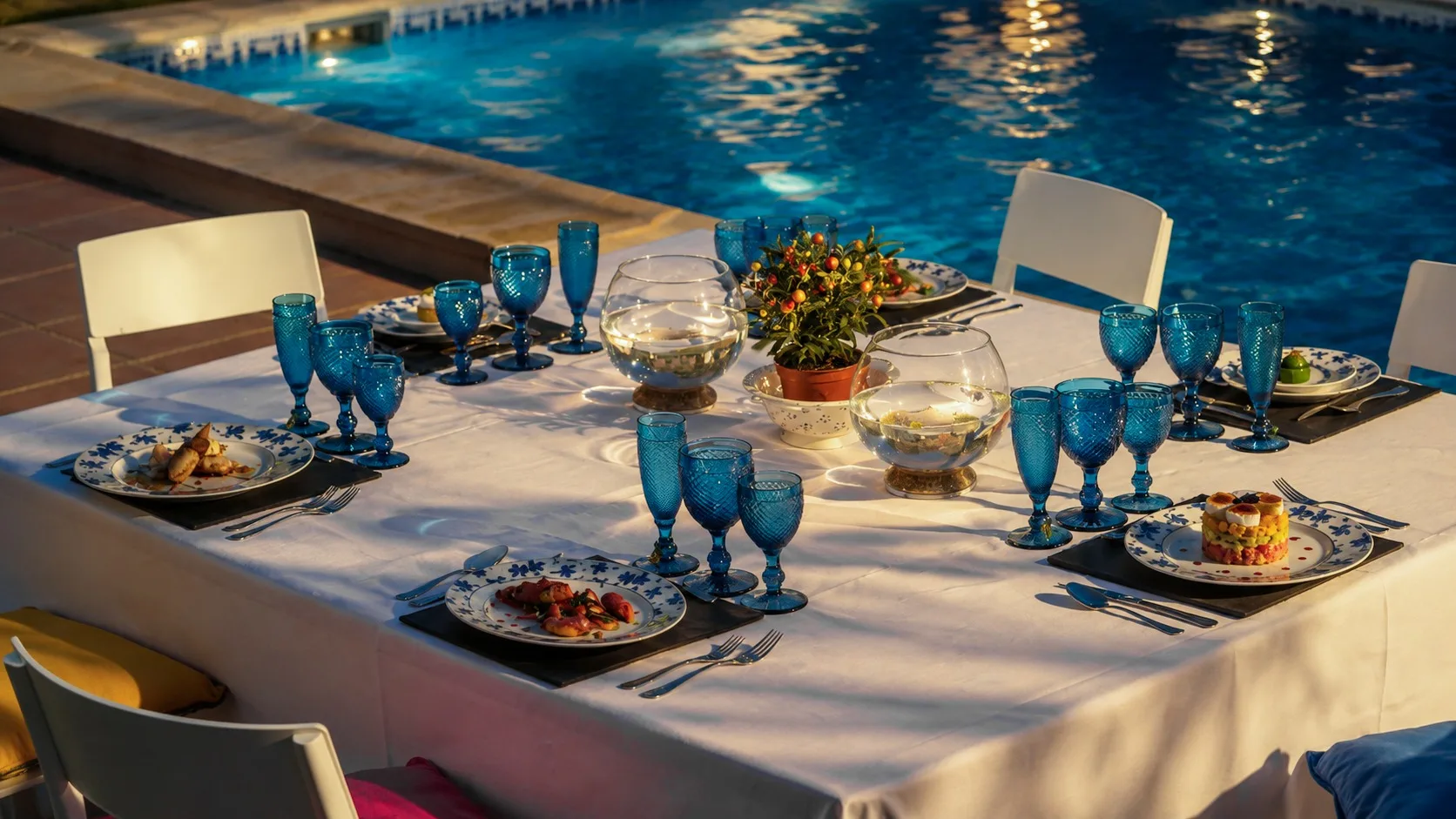 Mesa preparada junto a la piscina de una villa al anochecer