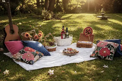 Picnic en el jardín con guitarra, cojines y cestas de mimbre