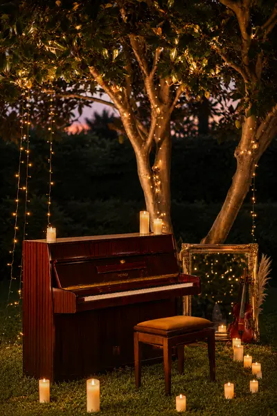 Piano iluminado con velas bajo un árbol al anochecer