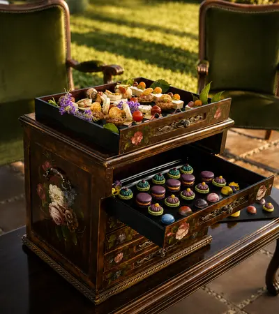 Cómoda antigua con cajones abiertos llenos de canapés y macarons