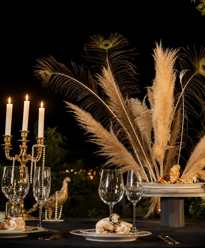 Mesa nocturna con candelabro dorado, plumas de pavo real y espigas de pampa