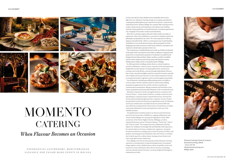 Doble página de Exclusive Life Magazine dedicada a Momento Catering: "When Flavour Becomes an Occasion"