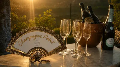 Champagne Point al atardecer, con copas servidas y botellas en cubitera
