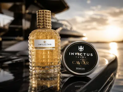 Esencia 24 Carat y lata de caviar de Invictus Yacht firmadas por Momento, sobre la cubierta al atardecer